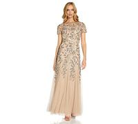 Adrianna Papell Women Floral Beaded Godet Short Sleeve Dress, Beige (Taupe/Pink), 16