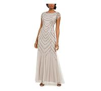 Adrianna Papell Womens Gray Beaded Short Sleeve Scoop Neck Maxi Fit + Flare Formal Dress UK Size:14