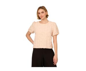 Adrianna Papell Womens Floral Motif Crochet Texture Crew Neck Woven Shirt - Beige - Size Medium