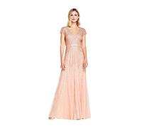 Adrianna Papell Women's Long Beaded V-Neck Dress with Cap Sleeves and Waistband, Blush, 12