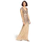 Adrianna Papell Women's Long Beaded V-Neck Dress with Cap Sleeves and Waistband, Nude, 20