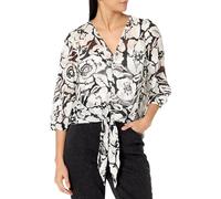 Adrianna Papell Women's Printed V-Neck Long Sleeve Top W/Tie Front, Black Imprint Floral, L