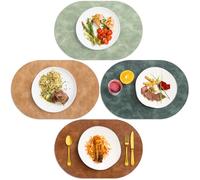 ADRIMER Placemats, Heat Resistant Oval Placemats Set of 4 Washable 12 x 17 Inch, Waterproof Table Mats, Wipeable Pu Place Mats for Kitchen, Dining Room, Turmeric Brown+Light Brown+Green+Blue