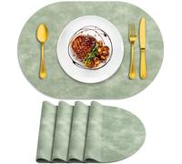 ADRIMER Placemats, Heat Resistant Oval Placemats Set of 4 Washable 12 x 17 Inch, Waterproof Table Mats, Wipeable Pu Place Mats for Kitchen, Dining Room, Green