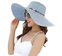 Adrinfly Women Foldable Floppy Wide Brim Straw Sun Hat Travel Packable Adjustable Summer Beach Accessories Hat UV UPF 50+, Navy, One Size