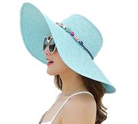 Adrinfly Women Foldable Floppy Wide Brim Straw Sun Hat Travel Packable Adjustable Summer Beach Accessories Hat UV UPF 50+, Sky Blue, One Size