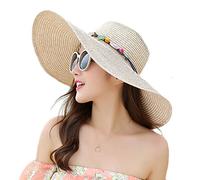 Adrinfly Women Foldable Floppy Wide Brim Straw Sun Hat Travel Packable Adjustable Summer Beach Accessories Hat UV UPF 50+, Khaki, One Size