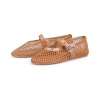 Adrizzlein Mesh Ballet Flats for Women Fishnet Ballerina Flats Buckle Strap Mesh Ballet Shoes Wide Width Casual Summer Dress Flat Shoes, Brown, 5.5 UK