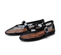 Adrizzlein Mesh Ballet Flats for Women Fishnet Ballerina Flats Buckle Strap Mesh Ballet Shoes Wide Width Casual Summer Dress Flat Shoes, Black, 10.5
