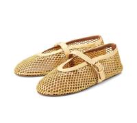 Adrizzlein Mesh Ballet Flats for Women Fishnet Ballerina Flats Buckle Strap Mesh Ballet Shoes Wide Width Casual Summer Dress Flat Shoes, Gold, 4.5 UK