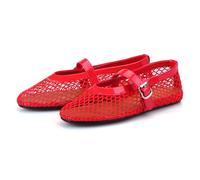 Adrizzlein Mesh Ballet Flats for Women Fishnet Ballerina Flats Buckle Strap Mesh Ballet Shoes Wide Width Casual Summer Dress Flat Shoes, Red, 4 UK