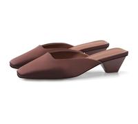 Adrizzlein Mule Heels for Women Square Toe Kitten Heel Satin Mules Closed Toe Low Heel Slides Sandals Summer Dress Shoes, Brown, 4.5 UK