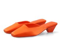 Adrizzlein Mule Heels for Women Square Toe Kitten Heel Satin Mules Closed Toe Low Heel Slides Sandals Summer Dress Shoes, Orange, 4.5 UK