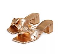 Adrizzlein Mules for Women Heels Bow Heels Mules Square Open Toe Chunky low Heel Sandals Slip On Summer Slides Dress Shoes, Gold, 9.5