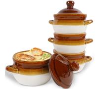 Adroiteet Set of 4 French Onion Soup Bowls, 16 Oz Soup Crocks with Handles and Lids, Ceramic Oven Safe Bowls, Brown and White Porcelain Soup Bowl for Stew, Chili, Cereal