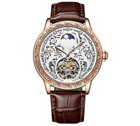 ADSBIAOYE Luxury Automatic Hollow Out Mechanical Watch Sun Moon Stars Carved Leather Men's Watch, Rose brown., Fashionable
