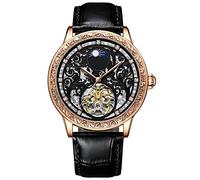 ADSBIAOYE Luxury Automatic Hollow Out Mechanical Watch Sun Moon Stars Carved Leather Men's Watch, Rose black, Fashionable