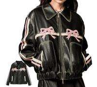 ADTEMP Vintage Black Biker Jacket, Pink Leather Jacket with Bow (Size: L)