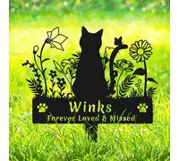 AdtHYUxq Custom Flowers Cat Memorial Grave Marker, Personalized Cat Metal Statue Memorial Remembrance Stake for Grave Lawn Yard, Customized Pet Cat Memorial Plaque Garden Stake with Paws