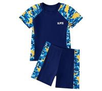 ADUDVLO 2 Piece Boys Swimming Costume - Kids Swimsuit Set with Short Sleeve Rash Guard & Swim Shorts, UPF 50+, Ages 5-11 (UK, Age, 8 Years, 9 Years, Regular, Dark Blue)