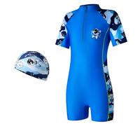 ADUDVLO Boys and Girls Swimming Costume with Front Zipper & Swim Cap - Cartoon One Piece Bathing Suit for Kids Ages 4-10, Stretchy Swimwear (UK, Age, 5 Years, 6 Years, Regular, Blue Astronaut)