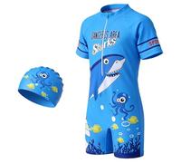 ADUDVLO Boys and Girls Swimming Costume with Front Zipper & Swim Cap - Cartoon One Piece Bathing Suit for Kids Ages 4-10, Stretchy Swimwear (UK, Age, 7 Years, 8 Years, Regular, Blue Shark)