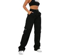 ADUDVLO Cargo Trousers Women High Waisted Straight Leg Combat Pants with Multiple Pockets Wide Leg Utility Work Trousers Ladies Y2K Streetwear (UK, Alpha, XXL, Regular, Regular, Black)