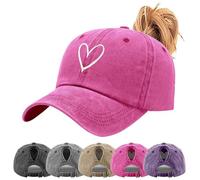 ADUDVLO Ladies Baseball Cap with Ponytail Hole - Adjustable Vintage Washed Cotton Running Cap, Love Embroidery Summer Sun Hat (Rose Red)