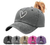 ADUDVLO Ladies Baseball Cap with Ponytail Hole - Adjustable Vintage Washed Cotton Running Cap, Love Embroidery Summer Sun Hat (Grey)