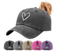 ADUDVLO Ladies Baseball Cap with Ponytail Hole - Adjustable Vintage Washed Cotton Running Cap, Love Embroidery Summer Sun Hat (Black)