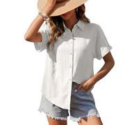 ADUDVLO Ladies Blouses Short Sleeve Button Down V-Neck, Breathable Wrinkle Loose Fit Work Shirts for Women UK, Flattering Everyday White Tops (UK, Alpha, XXL, Regular, Regular, White)