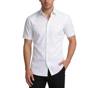 ADUDVLO Mens Shirts Smart Casual Stretch Button Down - Mens White Short Sleeve Shirt Regular Fit Wrinkle-Resistant (UK, Alpha, S, Regular, Regular, White)
