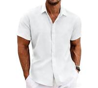 ADUDVLO Mens Short Sleeve Shirt Short Button Down Sleeve Casual Shirts Beach Summer Linen Shirts Wedding Vacation Shirt (UK, Alpha, 3XL, Regular, Regular, White)