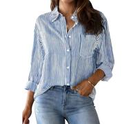 ADUDVLO Striped Shirt Women Button Down Shirts Long Sleeve Blouses with Pocket Shirts for Women UK (UK, Alpha, XXL, Regular, Regular, Blue)