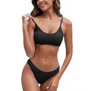 ADUDVLO Women Bikini Sets Scoop Neck Ribbed Cheeky Textured Spaghetti Strap Two Piece Bathing Suit (UK, Alpha, S, Regular, Regular, Black)