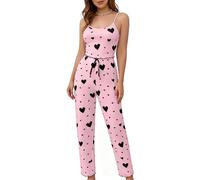 ADUDVLO Women’s 2-Piece Heart Print Pajama Set - Sleeveless Cami Top & High Waist Pants, Soft, Comfortable Pjs for Women Sets Sleepwear & Loungewear for Home & Gifts，Pink【XL】