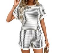 ADUDVLO Women Striped Pyjama Sets Summer Two Piece Loungewear Sets Short Sleeve Pjs Top and Shorts Co ord Outfits Soft Casual Ladies Nightwear (UK, Alpha, M, Regular, Regular, Black)