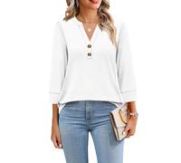 ADUDVLO Women's Blouse with 3/4 Sleeve V-Neck, Natural Colored Cotton & Polyester, Soft & Wrinkle-Resistant Top with Curved Hem for Office and Casual Wear (UK, Alpha, L, Regular, Regular) White