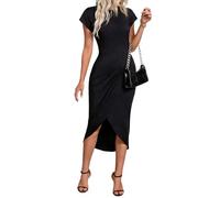 ADUDVLO Women's Bodycon Wrap Midi Dress, Crew Neck Short Sleeve Dress with Front Slit, Summer Wedding Guest Dresses for Women UK for Party Office (UK, Alpha, S, Regular, Regular, Black)