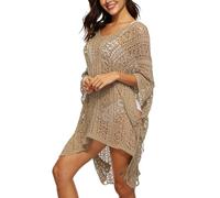ADUDVLO Women's Bohemian Crochet Beach Cover-Ups - V-Neck Bikini Cover Ups with Tassel Drawstring, Sheer Summer Dress, Ladies Beach Cover Ups UK (Khaki)