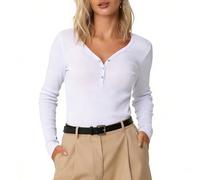 ADUDVLO Women's Long Sleeve Tops - Sexy V Neck Ribbed Knit Shirt in Super Soft & Cool-Touch Stretch Fabric, Slim Fit Ladies T-Shirt for Casual, Work, Holiday (UK, Alpha, S, Regular, Regular, White)