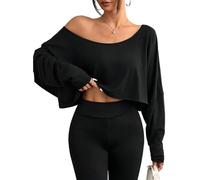 ADUDVLO Women's Off The Shoulder Crop Top - Sexy One Shoulder & Batwing Sleeve Stretchy Top for Summer Parties, Night Out & Date Nights (UK, Alpha, XL, Regular, Regular, Black)