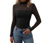 ADUDVLO Women's Sexy Mesh Long Sleeve Top with Side Elastic for Slimming Fit, Elegant Mock Neck & Sheer Panels, Versatile UK Blouse for Party, Work & Travel (UK, Alpha, S, Regular, Regular)
