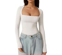 ADUDVLO Women's Sexy Square Neck Shirt Long Sleeve Double Lined Tees Fitted Going Out Tops (UK, Alpha, XS, Regular, Regular, White)