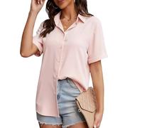 ADUDVLO Women's Short Sleeve Blouses Shirts Stretch Fitted Formal Button Down Shirts Business Work Blouse Summer Casual Tops for Ladi (UK, Alpha, M, Regular, Regular, Pink)