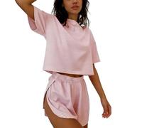 ADUDVLO Women's Striped Pyjamas Set - Summer Soft 2 Piece with Shorts, Pocket & Side Slits | Breathable Ladies Short Pyjamas & UK Nightwear Sets (UK, Alpha, XXL, Regular, Regular, Pink)