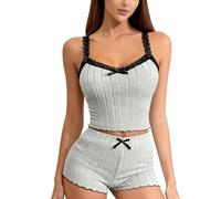 ADUDVLO Women's Summer Pajama Set 2-Piece Solid Camisole Shorts Casual Sleepwear Soft Deep V-Neck Pjs Set Sleeveless Lace Lounge Set (UK, Alpha, S, Regular, Regular, Grey)