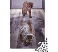 Adult 1000-Piece Jigsaw Puzzle, Cat Tiger Reflect Mindset, 70x50cm/1000pcs, Smooth White Cardboard Pieces; for An Enjoyable Break at The Table