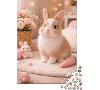 Adult 1000-Piece Jigsaw Puzzle, Cute Bunny with Easter Decorations, 70x50cm/1000pcs; Clean White Cardboard for Sorting; Family Table Time Without A Screen