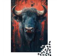 Adult 1000-Piece Jigsaw Puzzle, Dramatic Buffalo Portrait with Red Accents, 70x50cm/1000pcs, White Card Pieces with Reduced Dust; A Quiet Indoor Pastime at Home